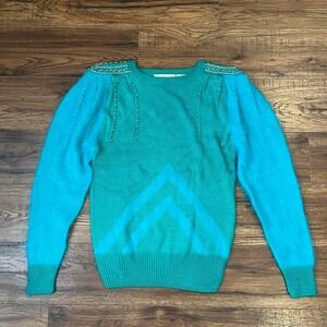 Vintage 80s Turquoise Blue Sweater Beaded Rabbit Hair Women Small Eclectic Retro